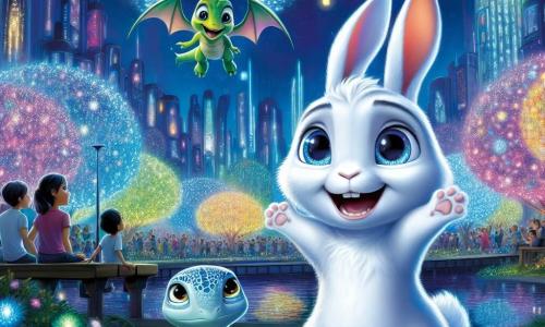 Un giovane coniglio di nome Pino, con un pelo bianco splendente e grandi occhi blu scintillanti di eccitazione, si trova al centro di un parco futuristico, con le zampe sollevate in segno di gioia. Accanto a lui, un piccolo drago di nome Zaffiro, con squame scintillanti di blu e verde, vola in cerchio, mostrando un sorriso meravigliato, mentre una saggia tartaruga di nome Tethys, con un guscio decorato da motivi colorati, osserva con uno sguardo benevolo, seduta su una panchina. Il parco è pieno di alberi con frutti luminosi che brillano nella notte, illuminando l'ambiente con una dolce luce colorata, mentre edifici futuristici scintillano sullo sfondo, riflettendo le stelle. La scena principale mostra Pino e i suoi amici che festeggiano il successo del loro progetto di piantagione di alberi, circondati da lanterne fluttuanti e cittadini meravigliati, tutti ammirando la magia della loro città illuminata.