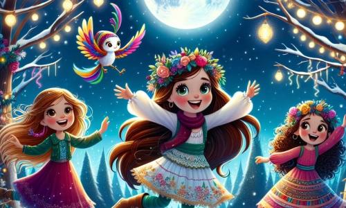 In un incantevole boschetto innevato, tre ragazze si sono riunite per celebrare il Capodanno. Giulia, una ragazza di dieci anni con lunghi capelli castani e un sorriso radioso, si trova al centro, alzando le braccia con entusiasmo. Alla sua sinistra, Sara, una ragazza di dieci anni con una gamba di legno colorato, ride gioiosamente mentre tiene un piccolo specchio magico che riflette il suo sorriso. A destra, Martina, una ragazza di dieci anni con capelli ricci e occhi scintillanti, danza con una piuma colorata in mano, circondata da luci scintillanti appese ai rami degli alberi. Il luogo è un boschetto fatato, con alberi coperti di neve scintillante e decorati con ghirlande luminose. La luna brilla alta nel cielo, illuminando la scena con una dolce luce argentata, mentre fiocchi di neve cadono delicatamente intorno a loro. Le tre amiche danzano e ridono insieme sotto la luna piena, celebrando la loro amicizia e l'arrivo del Capodanno, pronte a vivere nuove avventure.