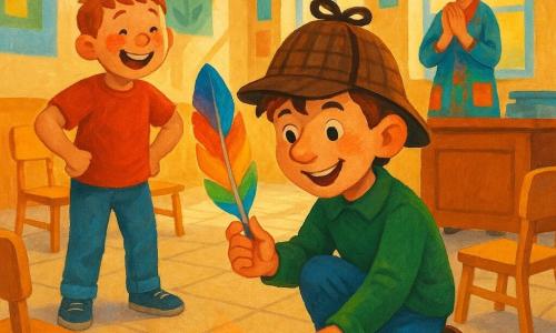 Un ragazzo di 8 anni, entusiasmo radioso, mento pronunciato sotto un grande cappello da detective; accovacciato, sorride trionfante tenendo tra le dita una grande penna arcobaleno lucida. Un altro ragazzo di circa 8 anni (Marco), volto rotondo e lentiggini, a sinistra con le mani sui fianchi, ride guardando chi ha trovato la penna. Una donna adulta (l’insegnante, 30–40 anni), capelli raccolti a chignon, camicetta colorata, sullo sfondo vicino a un banco con le mani giunte, sorpresa e felice. Luogo: ampio atrio della scuola inondato di luce, pavimento piastrellato beige, sedie in legno chiaro sparse, poster colorati alle pareti, finestre alte con raggi di sole. Situazione principale: momento della scoperta — la penna arcobaleno spunta da sotto una sedia, riflessi colorati sul pavimento, espressione di vittoria, atmosfera calda e collaborativa.