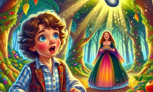 Un băiat de 6 ani, pe nume Matei, cu părul vâlvoi și ochi mari și curioși, se află într-o pădure magică, plină de copaci înalți și flori colorate. Are o expresie de uimire și entuziasm, ținând în mână un pergament strălucitor. Alături de el, mama lui, doamna Lenuța, cu părul lung și ondulat, îi zâmbește încurajator, ținând o farfurie cu clătite. Locul este luminat de razele soarelui care se filtrează prin crengile copacilor. Matei, plin de curaj, se pregătește să pornească într-o aventură, privind un nor în formă de papuc care plutește deasupra pădurii, gata să-l conducă spre Pălăria Fermecată.
