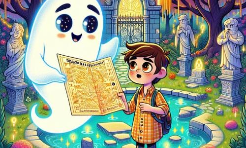 Un fantasma amichevole di nome Gigi fluttua nell'aria, con un aspetto traslucido e scintillante, gli occhi brillanti di curiosità e un sorriso caloroso sul volto. Guida un ragazzo di dieci anni, Matteo, dai capelli castani e gli occhi vivaci, che indossa una camicia a quadri e pantaloni corti, mentre osserva con meraviglia la mappa antica che tiene in mano. La scena magica si svolge nel Santuario del Drago, un giardino segreto pieno di fiori splendenti e statue antiche, circondato da alberi maestosi con foglie dorate che brillano sotto un cielo soleggiato. Al centro, un laghetto scintillante riflette la luce, mentre un grande portale di pietra ornato di rune luminose si apre lentamente. Gigi e Matteo si avvicinano al portale, pronti a scoprire il segreto del Santuario, con un'atmosfera di eccitazione e mistero nell'aria.