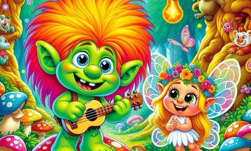 Um troll chamado Grumbly, alegre e curioso, com pele verde brilhante, cabelo bagunçado de cor laranja vivo e grandes olhos redondos e brilhantes, está tocando música em cogumelos coloridos em uma floresta encantada. Ao seu lado, uma pequena fada chamada Brilho, com asas cintilantes e um vestido feito de pétalas de flores, sorri amplamente enquanto dança ao seu redor. A floresta está cheia de árvores gigantes com troncos retorcidos, flores multicoloridas e cogumelos de formas estranhas, criando uma atmosfera mágica e alegre. Grumbly e Brilho criam juntos uma melodia animada, cercados de risadas e cores vibrantes, enquanto animais curiosos os observam com admiração.