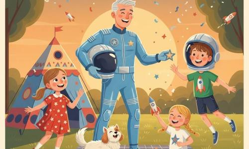 A smiling, amazed man (Mr. Skywalker) with a round face and short gray hair in a shiny sky-blue suit with silver details holds a silver astronaut helmet and hands a star badge to children; a 7-year-old girl (Lily) with light brown ponytail in a red starry dress gazes wide-eyed at the helmet and jumps slightly to his left; an 8-year-old boy (Max) with messy brown hair and a green rocket T-shirt wears the oversized helmet and pretends to float at his right; a small laughing 7-year-old girl (Emma) with blond pigtails crouches in front holding a glittery cardboard rocket near a picnic blanket; a fluffy white-and-caramel dog (Comet) wags between the children; the dusk park setting shows textured green grass, a colorful spaceship-shaped tent and string lights in the background, star-shaped cookies on a galactic cloth, and the main scene features the star-badge ceremony with warm sunset light, joyful faces, cardboard rockets tossed in the air and sparkling confetti for a festive, magical atmosphere.