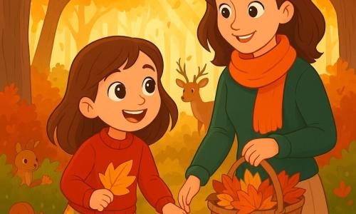 An 8-year-old girl named Lily, with big brown eyes sparkling with curiosity, is wearing a red wool sweater and a leaf-patterned skirt. She is collecting colorful autumn leaves, her face radiating joy and wonder. Next to her, her mother, a smiling woman about 35 years old with brown hair and an orange scarf, watches her daughter tenderly while holding a basket full of leaves. The setting is an enchanted forest, where majestic trees stand with branches adorned with golden, red, and orange leaves, creating a colorful carpet on the ground. Sun rays filter through the foliage, illuminating the scene with a soft, warm light. The main situation shows Lily and her mother exploring, amazed by the beauty of autumn colors, while forest animals like squirrels and a deer curiously watch them from the bushes.