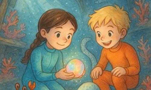 Four characters: Maya, a 10-year-old girl with braided brown hair and curious eyes in a turquoise wetsuit, kneeling center in the ship’s hold holding a small multicolored-glowing "stone of echo"; Jonah, a 10-year-old boy with tousled blond hair and a mischievous smile in an orange wetsuit, crouched to Maya’s right tapping his knee; Kitty the crab, small with a rust-colored shell, perched on a wooden plank to the left raising a claw toward the stone; and a shy octopus with cream-and-blue spots and elegant tentacles behind the children, curling a tentacle protectively toward the stone. Setting: interior of a sunken wreck turned coral garden—worn wooden beams, pink and orange corals on the hull, schools of silver fish reflecting light, blue-green shafts of filtered water and rising bubbles. Main moment: the children discover and hold the glowing echo stone in the hold, its colored halos sparkling the coral and drawing the crab and octopus; gentle, curious, warm mood with light watercolor style and white highlights for water reflections and the stone’s glitter.
