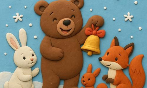 A small brown bear with soft, fluffy fur smiles joyfully, holding a sparkling golden bell attached to a red ribbon. Next to him, a red fox with a bushy tail looks on curiously, its eyes twinkling with mischief. A white rabbit with long ears and a shy gaze stands near the bear, its front paws slightly raised. A cheerful squirrel with reddish fur and a bushy tail claps enthusiastically. The scene takes place in a snowy clearing, where the snow glistens under a clear blue sky. Snowflakes dance around the characters, creating a magical and festive atmosphere.