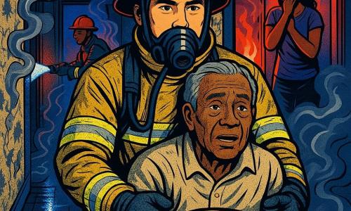 Main scene: a calm heroic rescue— a determined thirty-something firefighter in a shiny red helmet and soot-streaked yellow jacket carries a frail 75-year-old man out of a narrow, smoky apartment corridor while a young firefighter in the background aims a hose at a small orange-red kitchen flame and a 35-year-old woman stands at the door, hand to her mouth, tearful but relieved; torn floral wallpaper, wet linoleum, swirling gray smoke and stark white torchlight with red-and-blue emergency reflections, crisp details and vivid pop-art colors.