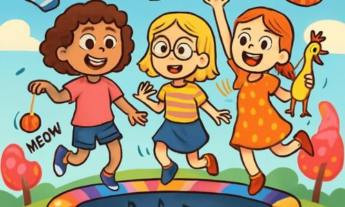 There are 3 characters: - Maggie: a 10-year-old girl with curly brown hair, wearing a pink t-shirt and denim shorts. She holds a meowing yo-yo and smiles enthusiastically. - Zoey: a 10-year-old girl with straight blonde hair, wearing glasses and a striped t-shirt. She looks curious and gazes around with sparkling eyes. - Lila: a 10-year-old girl with braided red hair, dressed in a polka dot dress and holding a squawking rubber chicken. She joyfully dances on a sock-shaped trampoline. The three friends are on a giant trampoline made of colorful socks, surrounded by a whimsical landscape with candy-shaped trees and a blue sky dotted with waffle-shaped clouds. The main scene shows the children jumping and laughing on the trampoline while a group of gum frogs wearing top hats watches them, singing a cheerful melody. Socks fly around them, creating a festive and absurd atmosphere.