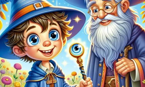 A young wizard apprentice named Felix, a seven-year-old boy with messy hair and sparkling curious eyes, stands at the center of the scene, a big smile on his face, wielding his wand adorned with a small blinking eye. He wears an oversized wizard hat that slips over his eyes and a blue robe that trails behind him, adding a comical touch to his appearance. Next to him, the wise Wizard Whizbang, an elderly man with a long silver beard and round glasses, observes the scene with an amused smile, arms crossed, dressed in a flamboyant robe and pointed hat, standing slightly back, ready to intervene if necessary. The setting is a sunny meadow filled with colorful flowers dancing in the wind, with trees and shimmering leaves in the background. A bright blue sky is dotted with clouds shaped like fantastical creatures. The main situation shows Felix casting a spell, surrounded by magical bubbles floating around him, while a giant chicken suddenly appears, startling and amusing him at the same time, creating a joyful and surprise-filled atmosphere.