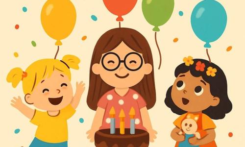 Há 3 personagens: - Maria: uma menina de 6 anos, com longos cabelos castanhos e óculos redondos. Ela usa um vestido rosa com bolinhas brancas e sorri alegremente, em pé no centro. - Ana: uma menina de 5 anos, com cabelos loiros em tranças e uma camiseta amarela. Ela dança entusiasticamente à esquerda de Maria, com os braços levantados. - Sofia: uma menina de 6 anos, com cabelos negros e uma pequena coroa de flores. Ela está à direita de Maria, segurando uma boneca nas mãos e olhando para os balões com admiração. O local é uma sala de festa decorada com balões coloridos flutuando no teto, uma grande mesa com um lindo bolo de chocolate decorado com velas brilhantes e guirlandas multicoloridas. Confetes estão espalhados pelo chão, adicionando um toque festivo. A situação principal mostra as três amigas celebrando o aniversário de Maria, cercadas de risadas e alegria, prontas para soprar as velas do bolo juntas.