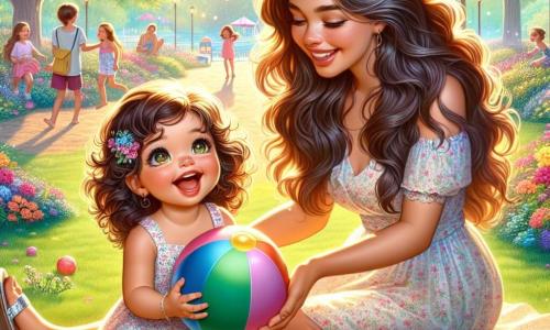Una bambina di un anno, con grandi occhi brillanti e capelli ricci, sorride gioiosamente mentre gioca con un grande pallone colorato in un parco soleggiato. Indossa un vestito leggero a fiori e sandali. Accanto a lei, la mamma, una donna di circa 30 anni con capelli lunghi e castani, sorride teneramente mentre tiene un libro illustrato pieno di disegni di gelati. È seduta sull'erba verde, circondata da fiori colorati. Il parco è luminoso, con alberi maestosi e bambini che giocano in lontananza, creando un'atmosfera gioiosa e estiva. La bambina si diverte a far rotolare il pallone, ridendo, mentre la mamma le mostra le immagini del libro, evocando vacanze estive e gelati deliziosi.