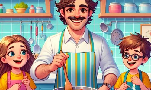 Um chef de cozinha, um homem de cerca de quarenta anos, sorridente e entusiasmado, com um chapéu branco e um avental colorido, está no centro da cozinha. Ele tem cabelos castanhos levemente cacheados e olhos brilhantes de alegria. Ele está misturando tomates frescos em uma grande panela, exalando um cheiro apetitoso. Ao lado dele, uma menina de 10 anos, Ana, com cabelos longos e castanhos, vestindo uma camiseta amarela, observa atentamente e segura uma colher de pau, pronta para provar a mistura. Um menino de 9 anos, João, com óculos e um largo sorriso, está um pouco afastado, segurando uma tigela de queijo ralado, ansioso para adicionar à receita. A cena ocorre em uma cozinha iluminada e acolhedora, com paredes pintadas de azul pastel, prateleiras cheias de especiarias coloridas e legumes frescos dispostos sobre a bancada de madeira. A luz do sol entra por uma grande janela, iluminando o espaço. Nessa situação, o chef e as crianças preparam juntos um delicioso prato de espaguete, rindo e compartilhando sua paixão pela cozinha, criando uma atmosfera alegre e amigável.