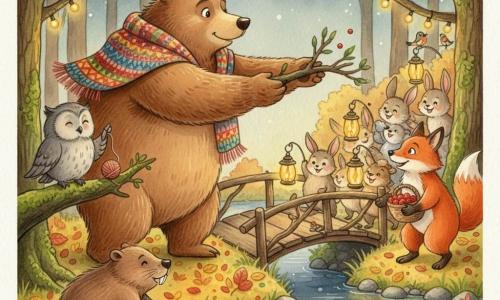 Um grande urso-pardo chamado Beto, de pelagem macia e olhar sorridente, usa um xale colorido e estende os braços para colocar um galho numa pequena passarela quebrada; à esquerda, a coruja cinzenta Lila, de olhos arredondados, empoleirada num ramo, segura um trabalho de lã e sorri; em primeiro plano um castor-marrom empurra um tronco para estabilizar a passarela, e à direita uma raposa ruiva com olhar malicioso segura uma cesta de bagas e ajuda com cordas; do outro lado da passarela, coelhinhos e pássaros impacientes seguram lanternas de pinha; o cenário é uma clareira arborizada ao crepúsculo, folhas amareladas e avermelhadas no chão, um pequeno lago refletindo lanternas e estrelas, troncos cobertos de musgo e guirlandas de luz — todos reparando a passarela juntos durante a festa de Ano Novo, atmosfera calorosa e festiva, paleta aquarela de tons quentes.