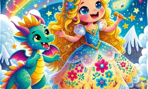 A princesa Estrelinha, uma menina de cerca de 10 anos, tem longos cabelos dourados que brilham como estrelas. Ela usa um vestido radiante decorado com padrões de flores coloridas, e seu rosto expressa uma determinação alegre enquanto canta com entusiasmo. Ao seu lado está Luminoso, um dragão amigável de cerca de 5 anos, com escamas brilhantes de cor turquesa e olhos cintilantes de travessura. Ele bate suavemente as asas, pronto para ajudá-la, e sorri com bondade. A cena acontece no topo de uma montanha do reino, onde um céu estrelado se estende no horizonte. Nuvens fofas flutuam ao redor deles, e um arco-íris radiante ilumina a paisagem, criando uma atmosfera mágica. Nesta ilustração, Estrelinha canta uma doce melodia para despertar o sol adormecido, enquanto Luminoso a encoraja com faíscas de magia que dançam ao seu redor.