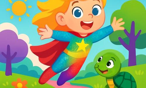 Super-Lumina, o fată cu părul auriu strălucitor și ochi albaștri ca cerul, zboară în aer cu un zâmbet larg, brațele deschise ca și cum ar îmbrățișa vântul. Ea poartă un costum sclipitor în culorile curcubeului, care strălucește sub soare. Lângă ea, micuța Țestoasa Giumbușlucă, o broască țestoasă cu carapace verde și ochi jucăuși, o admiră pe Super-Lumina, stând pe o piatră lângă un râu roz. În fundal, Parcul Veseliei este plin de copaci cu trunchiuri violet, flori dansante și nori în formă de bomboane, creând o atmosferă magică. Super-Lumina o caută pe Giumbușlucă, care a dispărut, și examinează peisajul cu hotărâre, pregătită să rezolve misterul.