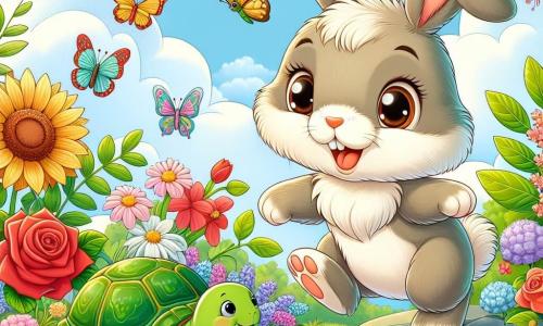 An illustration depicts a small male rabbit with soft, silky fur and long, floppy ears, showing great curiosity as he joyfully hops in a colorful garden surrounded by bright flowers and fluttering butterflies. Nearby, a female turtle with a shiny green shell and mischievous eyes watches her friend with a kind smile, sitting on a stone and enjoying fresh foliage. The enchanting garden is filled with vibrant flowers, including red roses, yellow sunflowers, and delicate violets, with sunlight filtering through the tree leaves, creating a warm and welcoming atmosphere. The main scene shows the little rabbit sharing his discoveries about happiness with his turtle friend, both radiating joy and friendship while birds sing in the branches above. Other graphic elements include fluffy clouds in a light blue sky, colorful insects fluttering around the flowers, and a gentle breeze making the petals dance, adding a touch of magic to this scene of camaraderie and sharing.
