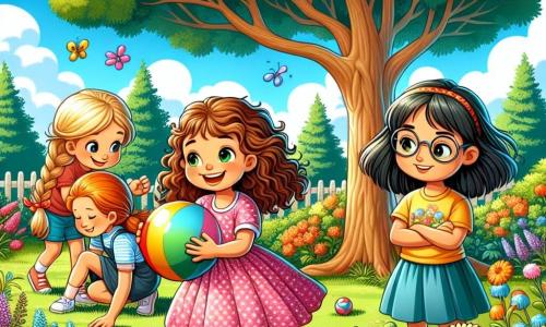 Vier meisjes, van 8 tot 9 jaar oud, zijn samengekomen in een zonnige tuin. Lina, een meisje met bruin, krullend haar, draagt een roze jurk met witte stippen en houdt een kleurrijke bal in haar handen, lachend. Emma, met gevlochten blond haar en een gele t-shirt, rent naar Lina met open armen, klaar om de bal te vangen. Sara, met steil, rood haar, draagt een blauwe rok en hurkt bij de bloemen, op zoek naar de bal die is weggerold. Noa, met zwart haar en een bril, staat bij een boom en observeert aandachtig de grond. De tuin is gevuld met kleurrijke bloemen, grote groene bomen en een goed onderhouden gazon, onder een heldere blauwe lucht met enkele witte wolken. In het midden biedt een grote boom schaduw en zingen vogels in de takken. De belangrijkste situatie toont de vier vriendinnen die samen de bal zoeken die is weggerold en zich heeft verstopt tussen de bloemen, wat het belang van vriendschap en samenwerking benadrukt.