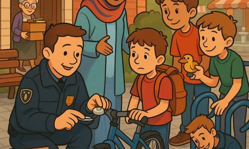 Een vriendelijke agent Daan knielt bij een blauw fietsenrek voor een bakstenen bibliotheek en repareert voorzichtig een bel aan Milo's fiets; agente Samira met kleurrijke hijab staat erbij en praat geruststellend met de kinderen; Milo, ongeveer 10 jaar, kijkt opgelucht maar nog wat bezorgd en houdt zijn te grote rugzak vast; Tim en Rens, ook ongeveer 10, staan schuldig maar berouwvol naast het rek, één met een gele vogelvormige bel en de ander die zijn gereedschap opbergt; de vrijwilliger Joris met een "Fietsfix"-badge draait een schroef vast uit een open gereedschapskist; mevrouw Noor, de oudere bibliothecaresse met grijs haar en bril, draagt dozen en stiften vanuit de bibliotheekingang; op de achtergrond vage marktstallen, een fontein en een houten bank, middaglicht en een kartonnen bord met een tekening van eendje met helm naast het rek.