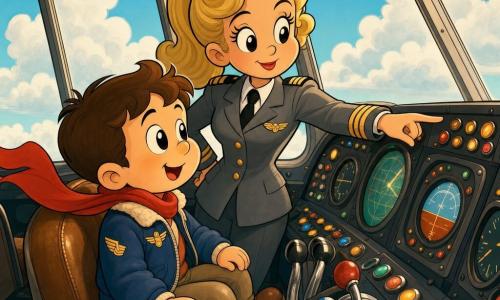 Hoofdpersoon Tom, een jongen met kort bruin haar, grote glanzende ogen en een verwonderde glimlach, draagt een blauwe pilotenjas en een rode wapperende sjaal, zit op de copilotenstoel en kijkt door de grote ruit; daarnaast staat kapitein Kim, een volwassen vrouw met blond paardenstaart en grijs pilotenuniform met gouden strepen, zacht en zelfverzekerd, die met haar rechterhand naar een console wijst; achtergrond: de cockpit van een groot vliegtuig met knoppen, hendels, verlichte schermen en ramen met pluizige wolken en blauwe lucht; scène gecentreerd, felle contrasterende kleuren, zachte vormen en een vrolijke, vriendelijke sfeer.