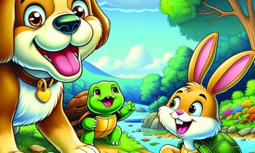 Un perro alegre llamado Toby, con un pelaje dorado brillante y ojos chispeantes, está al borde de un lago claro, sonriendo y listo para saltar de alegría. A su lado, una tortuga sabia llamada Tula, con un caparazón verde y ojos dulces, lo anima sonriendo, mientras un pequeño conejo llamado Ramón, con grandes orejas y pelaje marrón, se afana en recoger hojas para limpiar el lago. Al fondo, se extiende un bosque frondoso, con majestuosos árboles y flores coloridas que bailan al viento. La escena irradia camaradería y aventura, mientras los amigos trabajan juntos para salvar su preciado lago, símbolo de su amistad y determinación.