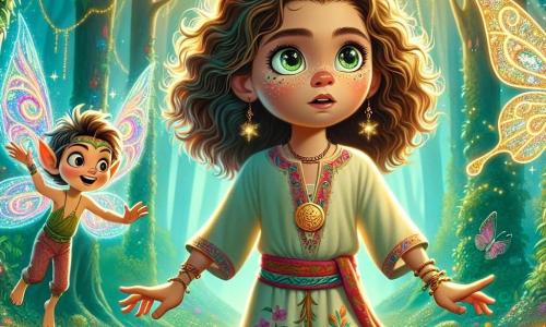 Una niña de 12 años, llamada Luna, se encuentra en el centro de la imagen, con cabello rizado y brillante que cae en cascada alrededor de su rostro, y ojos que brillan como estrellas. Lleva una túnica colorida con motivos florales y un pantalón de tela, mostrando una expresión decidida y maravillada mientras sostiene un medallón dorado en su mano. A su lado, un pequeño duende llamado Flick, de aproximadamente 8 años, con alas de mariposa translúcidas y una gran sonrisa traviesa, vuela alegremente alrededor de Luna, moviendo sus pequeñas manos con entusiasmo. El escenario es un bosque encantado, con árboles altos y majestuosos, hojas verdes brillantes y flores coloridas que parecen bailar al ritmo del viento. Rayos de luz se filtran a través del follaje, creando una atmósfera mágica y luminosa. La situación principal muestra a Luna y Flick preparándose para entrar en una cueva brillante, donde piedras preciosas relucen como estrellas, simbolizando el comienzo de su gran aventura para salvar el reino de Zafiro.