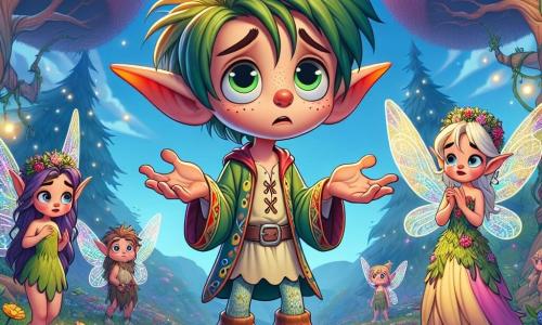 Un duende travieso llamado Tico, con orejas puntiagudas y cabello verde desordenado, muestra una expresión de arrepentimiento en su rostro. Lleva una túnica colorida adornada con flores y está de pie sobre una piedra, levantando los brazos como señal de disculpa. A su lado, Lila, una pequeña hada con alas brillantes y cabello dorado, mira a Tico con una sonrisa tímida, mientras sostiene una guirnalda de flores en sus manos. El escenario se sitúa en un claro encantado, rodeado de árboles de troncos multicolores y flores que parecen bailar al ritmo del viento, bajo un cielo azul salpicado de nubes esponjosas. La escena está llena de luz y magia, con estrellas que comienzan a brillar suavemente en el horizonte. La situación principal muestra a Tico disculpándose sinceramente ante Lila y un grupo de otras criaturas fantásticas, mientras preparan juntos una fiesta para celebrar su amistad recuperada.