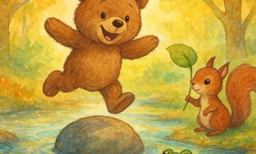 Un ursuleț de pluș pe nume Puf, cu blană moale și maro și un zâmbet mare și curios, sare vesel pe o piatră în mijlocul unui pârâu sclipitor. Lângă el, Clami, o veveriță agilă cu o coadă stufoasă și un palton multicolor, observă cu un aer șiret de pe mal, ținând o frunză ca steag. Lili, o mică broască verde cu ochi scânteietori, stă pe o frunză de nufăr, cronometrează cu o frunză de stejar. Decorul este o pădure fermecată, scăldată în lumină aurie, cu copaci cu frunze strălucitoare și un pârâu cu reflexii curcubeu. Scena principală îl arată pe Puf reușind un salt îndrăzneț, ilustrând provocarea imposibilă devenită posibilă datorită prieteniei și imaginației.