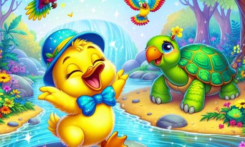 Un pato llamado Pipo, con un plumaje amarillo brillante y un pequeño sombrero azul, expresa gran alegría con una amplia sonrisa, saltando sobre una piedra al borde de un arroyo. A su lado, un loro colorido llamado Lolo, con plumas verdes y rojas, vuela en círculos, riendo y animando a Pipo a bailar. Al fondo, una tortuga sabia llamada Tula, con un caparazón verde y ojos brillantes, los observa con una sonrisa benevolente, sentada sobre una hoja gigante. El escenario es un bosque encantado, lleno de árboles de colores vivos, flores brillantes y un arroyo que serpentea por el paisaje. La escena principal muestra a Pipo y Lolo bailando alegremente al borde del arroyo, celebrando su amistad y aventura, rodeados de la belleza de la naturaleza.