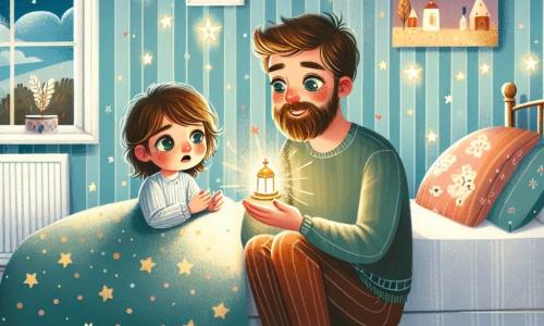 In einem warmen Zimmer sitzt ein 6-jähriger Junge namens Lukas mit braunen Haaren und funkelnden Augen besorgt auf seinem Bett. Neben ihm hält sein großer Papa mit einem sanften Bart und einem beruhigenden Lächeln eine kleine Lampe, die ein sanftes, goldenes Licht ausstrahlt. Lukas' Mama, eine Frau mit langen blonden Haaren, hockt neben dem Bett und schaut liebevoll und beruhigend, während sie ein kuscheliges Kissen hält. 

Das Zimmer ist in hellblau gestrichen und mit leuchtenden Sternen- und Mondstickern dekoriert. Ein bunter Teppich liegt auf dem Boden, und Spielzeuge sind verstreut. Das Licht der Lampe schafft eine warme Atmosphäre, die im Kontrast zur Dunkelheit des restlichen Raums steht. 

Lukas, ein wenig ängstlich vor der Dunkelheit, fühlt sich durch die Anwesenheit seiner Eltern beruhigt. Sie sind da, um ihm zu zeigen, dass es auch in der Dunkelheit Licht und Sicherheit gibt. Die Szene fängt einen zärtlichen und beruhigenden Moment ein, in dem die Familie zusammenhält, um die Angst vor der Dunkelheit zu überwinden.