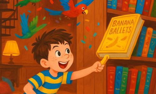 An 8-year-old boy with messy brown hair, sparkling eyes and freckles, wearing a blue-and-yellow striped t-shirt and jeans, lies on a gray wheeled cart reaching to pull a banana-shaped lever under a high shelf as colorful parrots (green, blue and red) fly around him, tossing bookmarks like confetti; a giant varnished wooden shelf of shiny, whimsical books slowly rotates and a golden book titled 