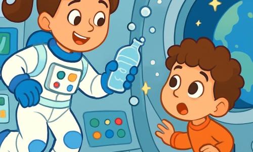 Un'astronauta sorridente, Nina, è una donna dai capelli castani raccolti in una coda di cavallo, indossa una tuta spaziale bianca con accenti blu. I suoi occhi brillano di eccitazione mentre fluttua nella stazione spaziale, circondata da pannelli di controllo luminosi e pulsanti colorati. Accanto a lei, un ragazzo di 7 anni, Leo, ha grandi occhi curiosi e capelli ricci. Guarda con meraviglia attraverso un grande oblò, dove si vedono stelle scintillanti e la Terra blu. La scena si svolge all'interno di una stazione spaziale futuristica, con muri argentati e luci soffuse, piena di schermi e strumenti scientifici. Nina mostra a Leo come bere acqua in assenza di gravità, mentre gocce d'acqua fluttuano intorno a loro, creando un'atmosfera magica e giocosa.