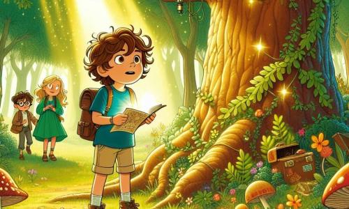 A 9-year-old boy, Oliver, with tousled brown hair and sparkling curious eyes, stands in front of a majestic oak tree. He wears a blue t-shirt and beige shorts, with a small backpack filled with adventure tools. His face shows palpable excitement as he examines an ancient map, his brows furrowed in concentration. Next to him, Mia, a 9-year-old girl with long curly hair, wearing a green dress and sandals, looks at the oak in wonder. She holds a flashlight, ready to explore. Max, a 10-year-old boy with glasses and a red t-shirt, bends down to pick up a shiny stone, his face lit up by the discovery. The scene takes place in an enchanted forest, where sunlight filters through the leaves, creating golden patterns on the ground. Colorful flowers and strange mushrooms dot the lush landscape, adding a touch of magic. The main situation shows Oliver, Mia, and Max in the midst of exploration, discovering an ancient oak that seems to hide secrets, with the mysterious map unfolded before them, ready for an unforgettable adventure.