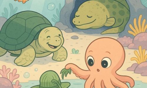 Pippo, piccolo polpo rotondo e carino con grandi occhi brillanti e tentacoli corallo chiaro, usa un tentacolo per afferrare delicatamente un cappello di alghe che scivola sull'acqua; la signora Tartaruga, vecchia tartaruga dalla larga corazza verde scuro con macchie ocra, sorridente e sollevata, è a sinistra; sullo sfondo una murena verde macchiata di marrone dorme arrotolata all'ingresso di una caverna; un piccolo banco di pesci pagliaccio arancioni e bianchi forma un semicerchio sopra, ammirato; il fondale è chiaro con rocce ricoperte di coralli rosa e viola, anemoni gialle, bolle e un raggio di luce bluastra; atmosfera tenera e silenziosa, colori pastello, forme arrotondate ed espressioni rassicuranti.
