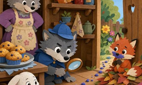 The main character is a childlike little gray wolf with soft fur, big shiny round eyes and furrowed brows, wearing a small blue detective hat and holding a wooden magnifying glass, crouched by a plate of golden muffins while examining a trail of blue crumbs; Grandmother Wolf stands to the left, a warm elderly she-wolf in a floral apron with gray hair in a bun, smiling with hands on her hips in the kitchen doorway; a red fox cub with a blueberry-stained muzzle, looking guilty but shy, sits among a pile of leaves near the garden door; a bright-eyed squirrel with a bushy tail holds a hazelnut on a high shelf, curious and surprised; a small white bunny with floppy ears and a bowl of carrots stands by the table, intrigued and attentive; the setting mixes a cozy wooden rustic kitchen with jars on shelves, a low shelf holding a plate of muffins, and an open door to a sunny garden with colorful flowers, leaves and the blue-crumb trail; the scene is a simple visual 