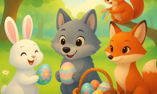 Wally, a small light-gray wolf with soft fur and bright hazel eyes, is amazed and smiling, holding a pastel Easter egg in his front paws, Bella, a small white bunny with long pink ears, joyful and bouncy, stands to Wally's left showing an egg painted with floral patterns, Mrs. Flufftail, an elegant red fox with silky fur, looks proud and kind, standing behind the basket as if she just set it down, Lucy the squirrel, small, red, and lively, watches from a low branch above, curious and excited, holding a colorful ribbon, the setting is a sunny spring forest clearing with green grass sprinkled with white daisies, tall oaks with bright foliage, warm sunlight filtering through, and a sparkling stream in the background, main scene: the friends discover a large Easter basket filled with painted eggs, chocolates, and ribbons, festive pastel colors, soft textures, and a warm centered composition
