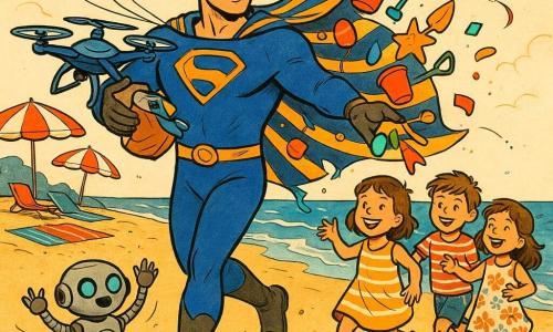 A smiling, confident superhero in his thirties with a bright blue cape striped in gold, fitted costume and satellite earbuds holds a deactivated drone under his arm and hands out colorful beach toys; a small silver robot named Gizmo with turquoise LEDs rolls at ankle height beside him, arms raised as if applauding; three children (about 8, 7 and 6) in summer striped and floral clothes run with outstretched hands and sand flying to retrieve balls, buckets, spades and a red kite gently falling from the hero’s cape on a sunny golden-sand beach with multicolored towels, red-and-white striped umbrellas, blue waves and a partially repaired sandcastle, the scene radiating joyful, summery motion and laughter.