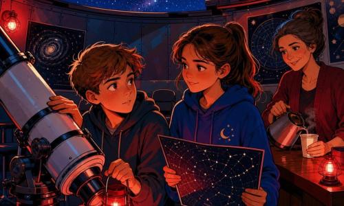 A relaxed but slightly tense 12-year-old boy with short light brown hair and curious eyes sits by a large white metal telescope, one hand on the tube and the other holding a small red lamp; Lina, about 12, in a blue hoodie with a small embroidered moon and brown hair in a ponytail, stands beside him with a star chart, casting a soft red glow; Ms. Rivera, ~40, warm-faced with dark gray hair in a bun and a kind smile, stands in the background by a wooden desk pouring tea into a paper cup and watching the children; the small round observatory has an open dome showing a starry sky, polished metal walls, semicircle chairs and star posters, main lights off except for dim red lamps, creating a peaceful, focused, night-time atmosphere as the children share the telescope.