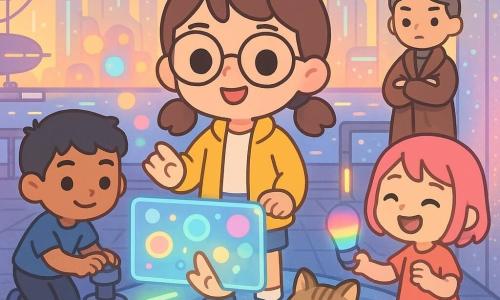 A joyful, proud 10-year-old girl with brown pigtails and round glasses in a bright yellow jacket activates a large holographic panel at the center of a floating structure; nearby Amir, a smiling focused 10-year-old with tan skin and a blue T-shirt, adjusts a levitation motor on the platform's left, while Zoe, about 9–11, curious with short pink hair, holds a multicolored LED near a shimmering aluminum wall to the right; Captain Reed, ~40, serious but moved, gray hair in a bun and a long brown coat, watches with crossed arms from the docks, and a purring tabby cat, Nimbus, rests by the main girl's feet. The scene: a sunset floating-dock opening with phosphorescent glass towers, moored airships with glowing lines, colorful holographic panels, metallic textured tiles and levitating platforms, children laughing, softly floating structures, a festive tech atmosphere in pastel tones with neon accents. Visual style: kawaii minimal, rounded shapes, clean lines, pastel palette with neon highlights, clear readable composition for 10-year-olds.