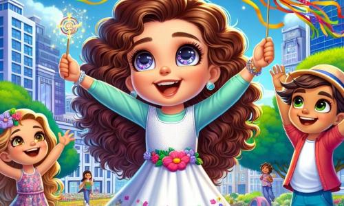 Uma menina de 6 anos, Sofia, com longos cabelos cacheados e olhos brilhantes, está no centro da imagem, sorridente e deslumbrada, segurando uma pipeta mágica que faz dançar pipas coloridas no céu. Ao seu lado, sua melhor amiga Mia, também de 6 anos, tem cabelos lisos e veste um vestido florido, levantando os braços para o alto, rindo de alegria diante do espetáculo. Um menino de 7 anos, João, com um chapéu divertido e uma roupa colorida, está um pouco atrás, segurando uma varinha mágica, observando as pipas dançarem com um sorriso orgulhoso. O cenário é um parque urbano vibrante, com árvores de folhas verdes brilhantes, flores multicoloridas e um céu azul salpicado de nuvens brancas. Ao fundo, vêem-se edifícios modernos da cidade, embelezados por toques de magia, como estrelas cintilantes e luzes encantadas. A cena principal mostra Sofia, Mia e João contando histórias alegres para as pipas mágicas que dançam no céu, criando uma atmosfera de felicidade e magia, onde a amizade e a imaginação ganham vida sob os olhos deslumbrados das crianças.