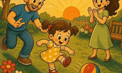 Luna, 2 anos, alegre e sorridente, cabelos curtos castanhos em rabo de cavalo, bochechas rosadas, veste vestido amarelo com bolinhas brancas e sapatinhos vermelhos, chuta uma bola colorida correndo; o pai, ~30 anos, barba rala, camiseta azul e jeans, sorri e corre atrás à esquerda pronto para pegar; a mãe, ~28 anos, cabelo longo em rabo, vestido verde claro, está à direita aplaudindo com olhar encorajador; jardim vivo com relva verde, flores vermelhas e brancas, um banco de madeira e um sol laranja a pôr‑se; cena de brincadeira familiar, bola rolando, ambiente caloroso e dinâmico, sombras longas do pôr-do-sol.
