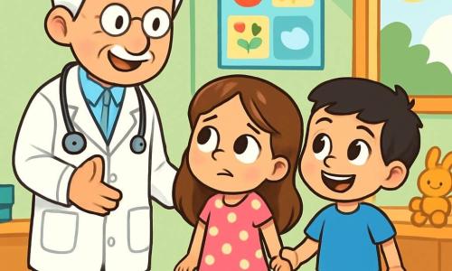 Há 2 personagens principais: - Sofia: uma menina de 7 anos, com cabelos longos e castanhos e olhos brilhantes. Ela usa um vestido rosa com bolinhas brancas e sandálias amarelas. Ela está de pé, um pouco nervosa, segurando a mão de seu amigo. - João: um menino de 7 anos, com cabelos curtos e pretos, vestindo uma camiseta azul e um short verde. Ele sorri com coragem, segurando a mão de Sofia, pronto para enfrentar a situação. O local da situação principal é uma sala de saúde iluminada e acolhedora, com paredes pintadas de verde pastel. Há pôsteres coloridos sobre saúde e bem-estar, uma grande mesa de madeira clara e brinquedos de pelúcia em uma prateleira. Uma janela deixa entrar a luz do sol, iluminando o ambiente. A situação principal da história mostra Sofia e João, um pouco preocupados, mas determinados, enquanto estão diante do Dr. Miguel, um médico sorridente com cabelos brancos, que lhes explica calmamente o que vai acontecer. Sofia olha para o médico com curiosidade, enquanto João, segurando firmemente sua mão, tenta dar-lhe coragem.