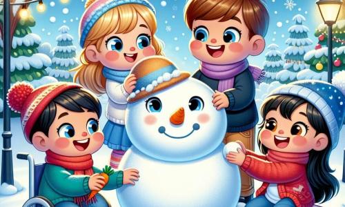 Em um bonito jardim coberto de neve, quatro crianças se divertem construindo um grande boneco de neve. Miguel, um menino de 6 anos com cabelos castanhos e olhos brilhantes, rola uma grande bola de neve no centro do jardim. À sua direita, Lúcia, uma menina de 6 anos com cabelos loiros e uma cadeira de rodas decorada com luzes, sorri alegremente ajudando a moldar o boneco de neve. À esquerda, João, um menino de 6 anos com cabelos castanhos e um gorro vermelho, coloca um nariz de cenoura no boneco. Por fim, Pedro, outro menino de 6 anos com cabelos negros e um cachecol azul, se prepara para colocar pedras como botões, rindo com os amigos. O jardim está cheio de flocos de neve caindo suavemente, árvores com galhos cobertos de neve cercam o espaço e um céu azul claro ilumina a cena. As crianças, unidas pela amizade, estão criando juntas um boneco de neve alegre, símbolo de sua felicidade invernal e espírito de equipe.