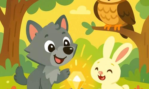 Ein kleiner Wolf mit funkelnden Augen und weichem grauem Fell, der Freude und Aufregung ausstrahlt, steht im Mittelpunkt der Szene und hebt eine Pfote, um einen wunderschönen, glänzenden Stein zu berühren. Neben ihm hüpft ein kleiner Hase mit großen Ohren und seidig-weißem Fell, der ein strahlendes Lächeln zeigt. Im Hintergrund beobachtet eine majestätische Eule mit braunem und goldenem Gefieder, die auf einem Ast sitzt, die Szene mit einem weisen und wohlwollenden Blick. Der Ort ist eine verzauberte Lichtung, umgeben von dicken, blättrigen Bäumen, mit bunten Blumen, die im sanften Wind tanzen. Sonnenlicht filtert durch die Blätter und erzeugt ein Spiel aus schimmernden Schatten und Licht auf dem Boden. Die Hauptsituation zeigt den kleinen Wolf und den Hasen, vereint durch ihre Freundschaft, bereit, den geheimnisvollen Wunsch des magischen Steins zu berühren, der in tausend Farben strahlt und das Abenteuer und die Magie symbolisiert, die sie erwarten.