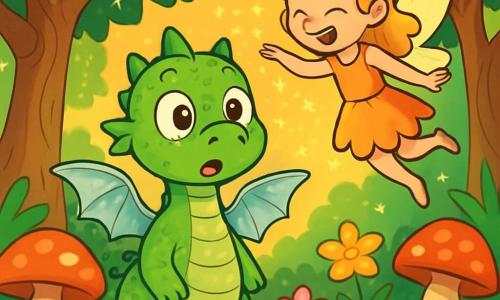 Un piccolo drago di nome Dragoletto, con squame verdi scintillanti e grandi occhi curiosi, si trova al centro della scena, con un'espressione sorpresa e meravigliata. Le sue piccole ali d'argento brillano sotto la luce del sole che filtra tra gli alberi. Accanto a lui, una fatina dispettosa, una bambina di circa 8 anni, con capelli dorati e un vestito fatto di petali di fiori, vola gioiosamente, ridendo mentre lancia scintille magiche intorno a loro. La scena si svolge nella Foresta Incantata, dove alberi giganti con tronchi nodosi si ergono verso il cielo, le cui foglie brillano come stelle. Fiori colorati e funghi giganti punteggiano il terreno, creando un paesaggio incantevole e vibrante. Dragoletto, perplesso e felice, cerca di capire il suo nuovo corpo mentre gioca con la fatina, che lo incoraggia a esplorare questo mondo magico.