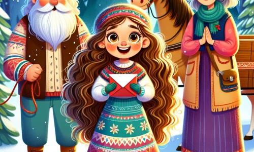 Una bambina di 5 anni, di nome Emma, con lunghi capelli ricci e occhi scintillanti, è al centro dell'immagine, con un grande sorriso che illumina il suo volto. Tiene una lettera rossa tra le mani, piena di eccitazione e determinazione, pronta a consegnarla a Babbo Natale. Accanto a lei c'è la signora Rosa, una donna di una cinquantina d'anni con capelli grigi e un sorriso caloroso, che guarda Emma con orgoglio. Un po' più in là, il signor Bianchi, un uomo anziano con la barba bianca, è seduto su una slitta di legno, sorridendo mentre osserva Emma e la signora Rosa. Lo sfondo è un paesaggio invernale incantevole, con fiocchi di neve che cadono dolcemente e il laboratorio di Babbo Natale illuminato. Emma, piena di gioia e speranza, è pronta a consegnare la lettera, mentre la signora Rosa e il signor Bianchi la incoraggiano in questa avventura natalizia.