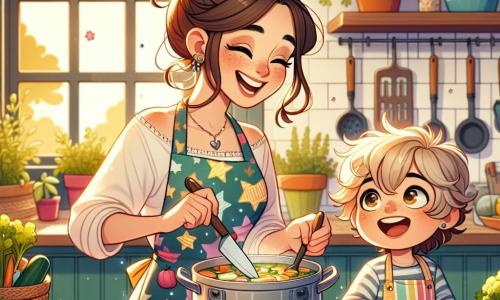 La chef Clara es una mujer de unos treinta años, con largos cabellos castaños recogidos en un moño desordenado. Lleva un delantal colorido decorado con motivos de verduras y muestra una gran sonrisa, expresando su alegría y creatividad mientras corta verduras en forma de estrellas. A su lado, Lucas, un niño de 8 años con cabello rubio y ojos brillantes, observa con asombro. Lleva un pequeño delantal y sostiene un cuchillo de plástico, listo para ayudarla a cortar verduras. La escena tiene lugar en una cocina luminosa, llena de utensilios coloridos, macetas de hierbas frescas y verduras frescas dispuestas sobre una gran mesa de madera. Rayos de sol atraviesan la ventana, iluminando el espacio y creando un ambiente cálido y acogedor. La situación principal muestra a Clara y Lucas preparando una sopa mágica, con estrellas de verduras flotando en una gran olla, mientras ríen y comparten ideas, creando juntos un plato que maravillará al mundo.