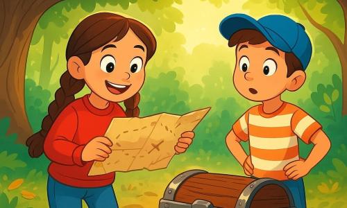 An 8-year-old girl with long braided brown hair wears a red sweater and jeans. Her face is lit up by an excited smile, her eyes sparkling with curiosity as she holds a crumpled old treasure map in her hands. Next to her, an 8-year-old boy in a blue cap and striped t-shirt looks at the map with wonder, his hands on his hips. They stand near a large oak tree with leafy branches overhead, and the ground is scattered with golden leaves and small stones. The scene takes place in an enchanted forest where sunlight filters through the leaves, creating bright patterns on the ground. The main focus shows the girl and boy discovering an ancient wooden chest, partially buried in the ground, surrounded by dirt and roots, with glimmers of light sparkling on the chest's metal.
