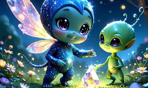 Lumo, ein kleiner Glimmie mit großen runden Augen und schimmernder Haut in Blau- und Violetttönen, fliegt fröhlich über eine leuchtende Wiese, ein staunendes Lächeln auf seinem Gesicht. Seine kleinen Flügel glitzern im Sternenlicht, während er auf einen funkelnden Kristall zielt, den er aufgeregt hält. Zog, ein grüner Außerirdischer mit schimmernden Tentakeln, steht neben Lumo und zeigt einen freundlichen und neugierigen Ausdruck. Er ist etwas größer als Lumo und betrachtet den Kristall fasziniert, während seine Tentakeln sanft in der Luft wehen. Der Ort ist eine magische Wiese in Glimmeria, übersät mit leuchtenden Blumen in lebhaften Farben, unter einem sternenübersäten Himmel, wo funkelnde Sterne tanzen. Der Boden ist mit weichem, glänzendem Gras bedeckt, und ein funkelnder blauer See spiegelt die Sterne wider und schafft eine märchenhafte Atmosphäre. Die Hauptsituation zeigt Lumo und Zog, die gemeinsam die Kraft des magischen Kristalls entdecken, was ihre Gesichter mit einem sanften, warmen Licht erleuchtet und ihre neue intergalaktische Freundschaft symbolisiert.