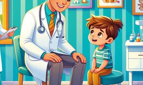 Um homem, o doutor Pedro, com um grande sorriso caloroso e olhos brilhantes de bondade, veste um jaleco branco impecável. Ele está inclinado com atenção para um menino, Lucas, que tem cerca de dez anos, cabelos castanhos bagunçados e um rosto preocupado, sentado em uma cadeira no consultório médico. Ao lado deles, Matilde, uma enfermeira sorridente de cerca de trinta anos, com cabelos castanhos presos em um coque, segura uma caixa de material médico, pronta para ajudar. O local é uma clínica colorida, com paredes pintadas de azul claro e desenhos de animais alegres pendurados nas paredes. Brinquedos de madeira estão espalhados pelo chão, e uma grande janela deixa entrar a luz do sol, criando uma atmosfera calorosa e acolhedora. A situação principal mostra o doutor Pedro explicando calmamente a Lucas, que parece um pouco nervoso, que o pequeno exame que ele vai fazer é importante para sua saúde. Os dois personagens estão cercados por uma atmosfera de empatia e reassurance, ilustrando o vínculo de confiança entre o médico e seu jovem paciente.