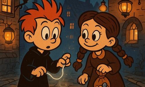 A young wizard, Rowan Finch, with hair as red as a rooster's comb and curious eyes, stands in the middle of a cobblestone street. He looks focused and holds a shiny silver thread between his fingers. Beside him, Tilda Marrow, a 17-year-old girl with braided hair adorned with small bells, smiles mischievously while holding a small bag of marbles. They are on a stone bridge, surrounded by twinkling lanterns hanging from the houses. The scene takes place during the lantern night in Brindleford, with slate-roofed houses and jars of fireflies hanging from the eaves. The atmosphere is magical and bright, with reflections of orange and willow smoke in the air. Rowan and Tilda are discovering a silver path opening between the cobblestones, revealing a secret passage.